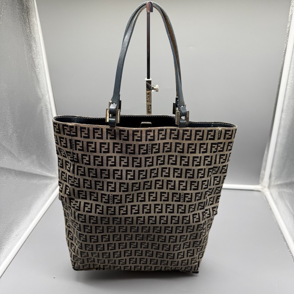 Fendi Zucca FF Monogram Tote Bag Blue Leather Trim Italy W/ COA & Dustbag Vtg - Picture 2 of 13